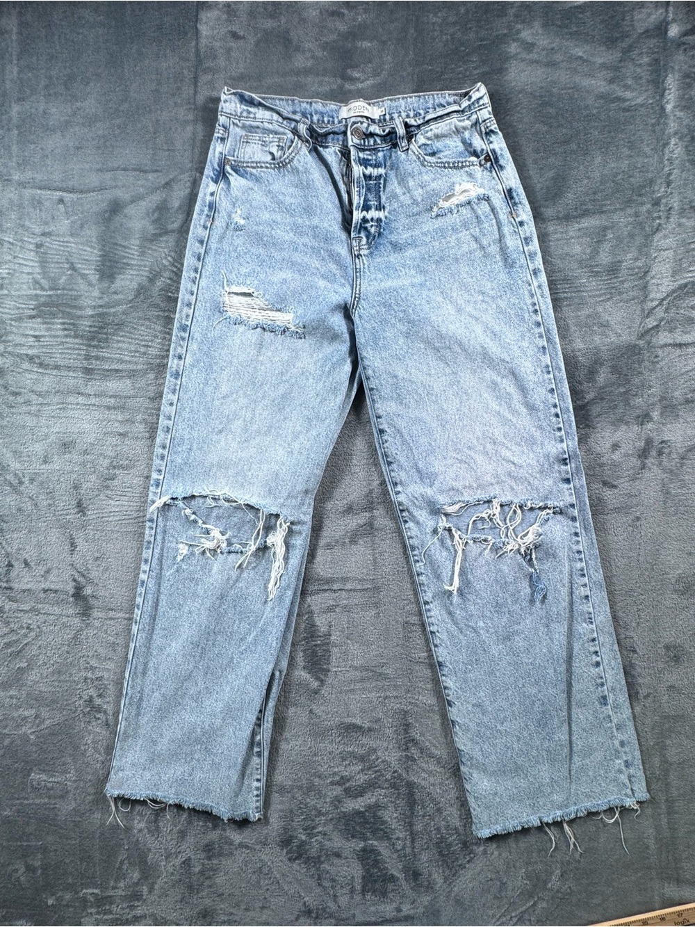 Hidden Straight Wide Leg Baggy Jeans Distressed - Faded Blue -  size 29